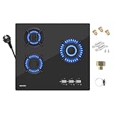 WEHIMO Gaskochfeld 3 Flammig 59cm, Glas Einbau-Gaskochfeld, 7750W, 3 Zonen Gaskochfeld für Propangas und Erdgas, 3 Kochzonen (3300W+2700W+1750W), Schwarzes Glas, Geeignet für Alle Töpfe