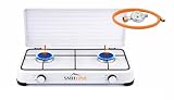 SMH LINE® Gaskocher Campingkocher 2 flammig inkl. Schlauch und Regler 50 mbar Gas Propangas 4,4 KW Kochfeld Camping Gasflasche Herd Outdoor Kocher Tischkocher XL