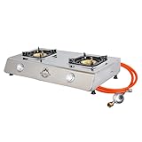 BSR-Grillen Gaskocher Edelstahl Campingkocher mit insg. 9,9 kW Leistung, Piezozündung, Zündsicherung, 150 cm Gasschlauch, Druckminderer 50 mbar, Pfannenständer aus Emaille (2-flammig)