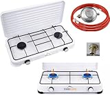 SMH LINE® Gaskocher Campingkocher 2 flammig inkl. Schlauch und Regler 50 mbar Gas Propangas 4,4 KW Kochfeld Camping Gasflasche Herd Outdoor Kocher Tischkocher XL