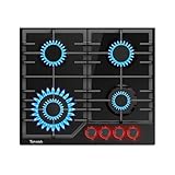 TOPWISH Gaskochfeld 4 flammig,Einbau Gaskochfeld 60cm,Gaskochfelder mit rote beleuchteter Drehknopf,ghärtetes Glas-Gaskochfeld,Glasherd,NG/LPG Konvertierbar,Automatischer Thermoelementschutz,8000 Watt