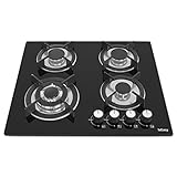 Gaskochfeld 4 Flammig, IsEasy Gaskochfeld Glas mit Automatischer Thermoelementschutz, Einbau Kochfeld Glas, 4 Zonen Gaskochfeld, Erdgas/Propangas, Schwarz Glasherd, 60cm, Up to 7800W