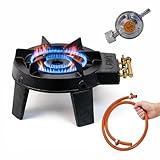 Neruma Gaskocher Wokbrenner – Gusseisen Gasherd mit 3-Ring-Brenner, Campingkocher Outdoor, Gastro Gasbrenner für Wok & Töpfe 20–36 cm (Schlauch & Druckminderer im Set)