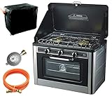 CO-01 Gas Backofen Gaskocher 2 flammig Campingkocher mit Deckel Gasgrill Gasherd Ofen + Gasschlauch-Regler Set