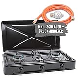 TruWare Gaskocher 3 flammig Campingherd Gas Kochfeld tragbarer Gasherd für Gasflasche mit Schlauch | 2,5kW … (schwarz)