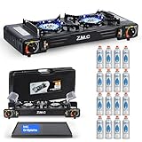 Z.M.C PREMIUM Camping Gaskocher 2-flammig + Grillplatte 45x24 cm + 16 Gaskartuschen 227g, Campingkocher mit Zündsicherung für Outdoor und Innenraum, Balkon Tisch Doppelgaskocher mit Piezozündung