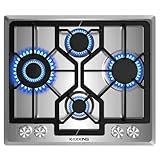 Gaskochfeld 4 Flammig, Gaskochfeld Einbau 60 cm, Edelstahl, NG/LPG konvertierbar, Flammenausfallsicherung Thermoelement, Gusseisen Topfträger, 8800 Watt, ideal für Wohnungen & kleine Küchen